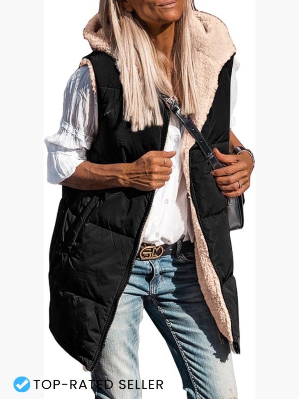 Reversible Fleece Long Vest Hooded Zip Up Sleeveless Winter Outerwear